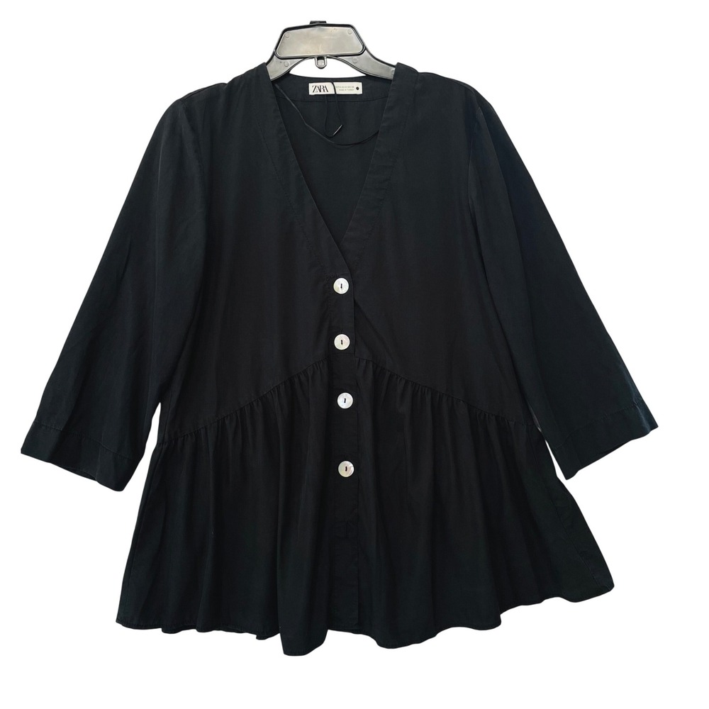 Zara‎ Peplum Blouse Womens Small Black V-Neck Button Front 3/4 Sleeve Babydoll